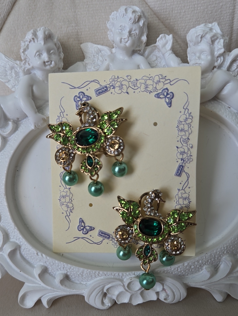 Stunning Green Crystal Swan Drop Earrings W/ Green Pearls, NWT